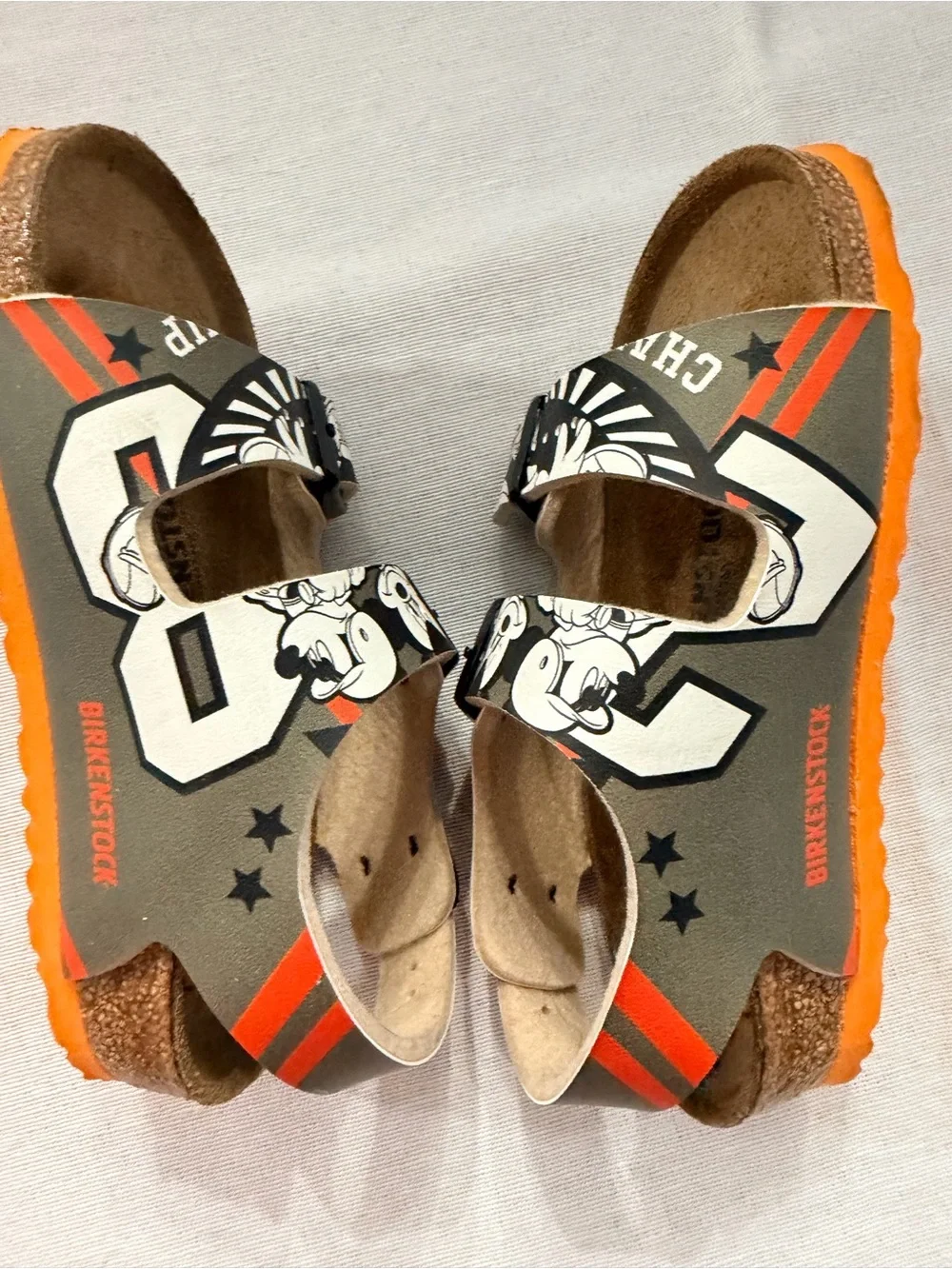 Mikey BirkenstockKids Cartoon-Print Sandal in Black, Orange and White